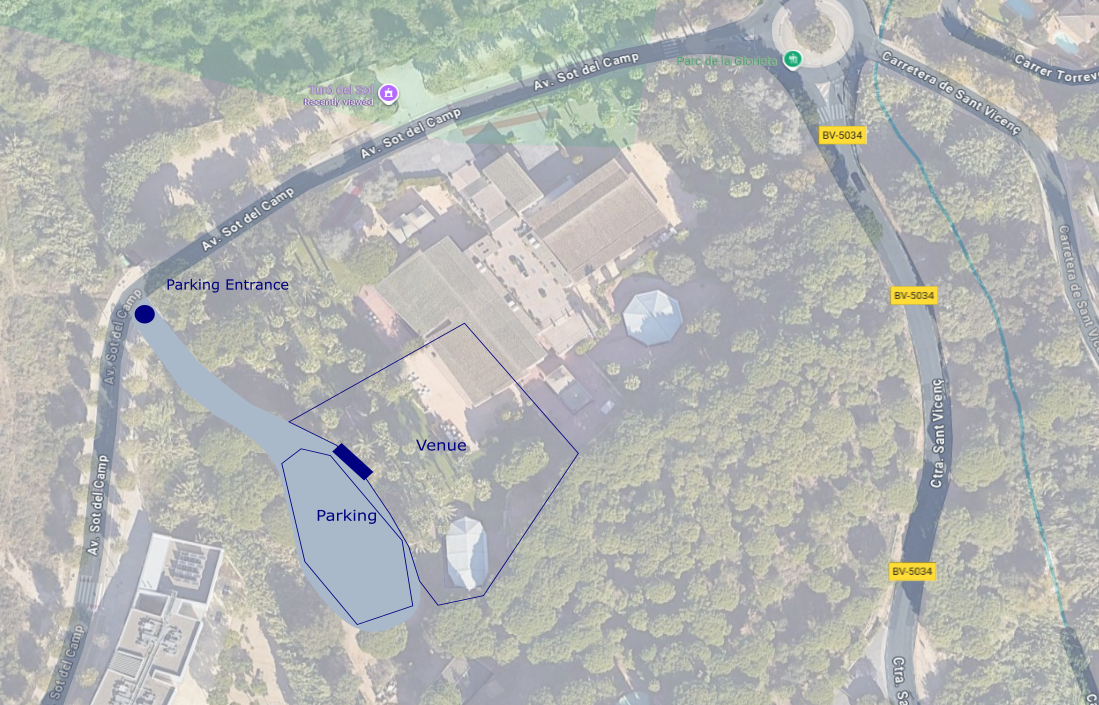 Parking entrance map showing venue location and parking areas